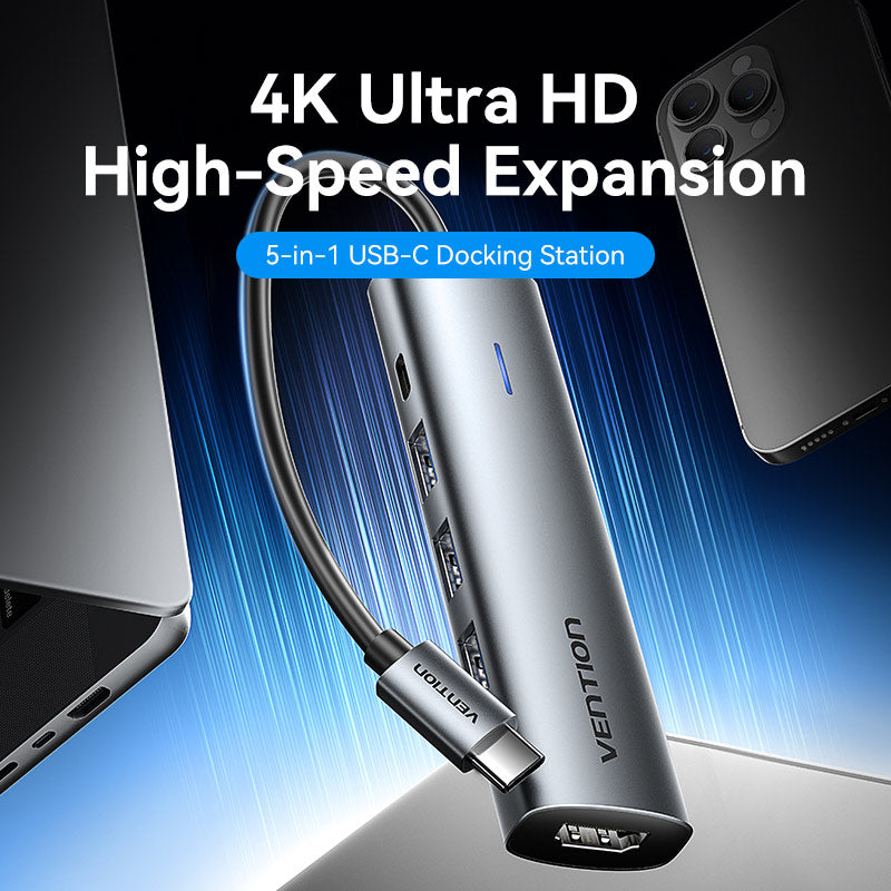 Vention USB-C to HDMI/USB 3.0*3/PD Docking Station 0.15M Gray Aluminum Alloy Type、mySite、fannypackpong