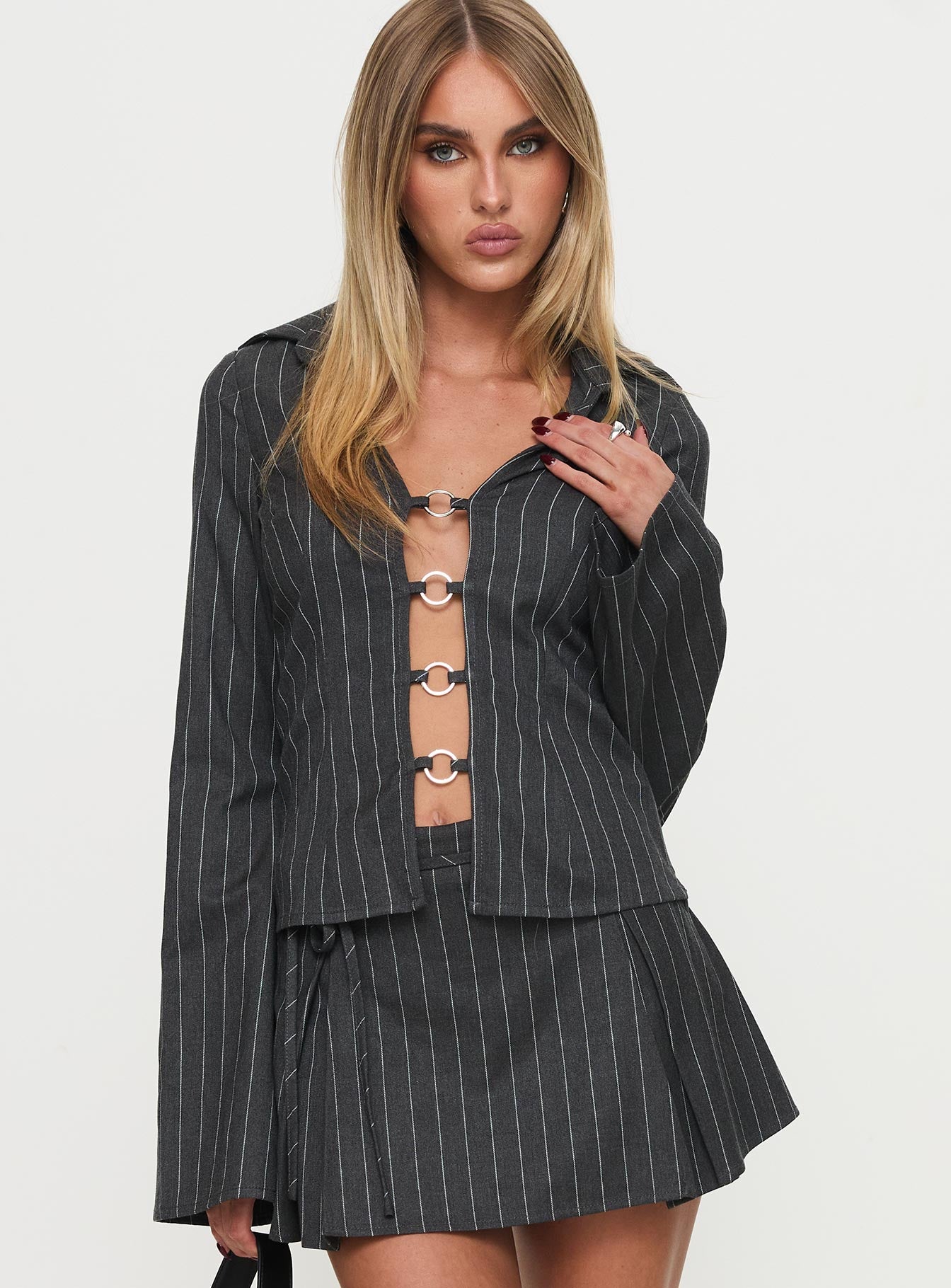 Saraya Long Sleeve Ring Top Grey Pinstripe、mySite、solidvoid