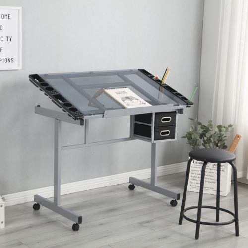 Adjustable Art Drawing Desk Craft Station Drafting with 2 Non-woven fabric Slide Drawers and 4 Wheels、、casual