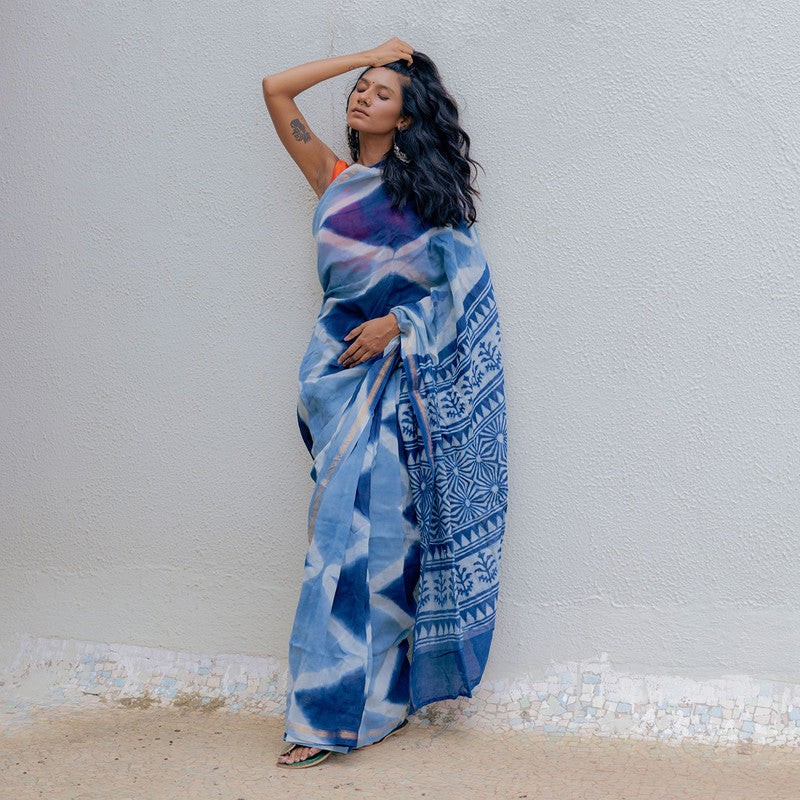 Chanderi Saree | Handblock Print | Blue、mySite、camillekostekn
