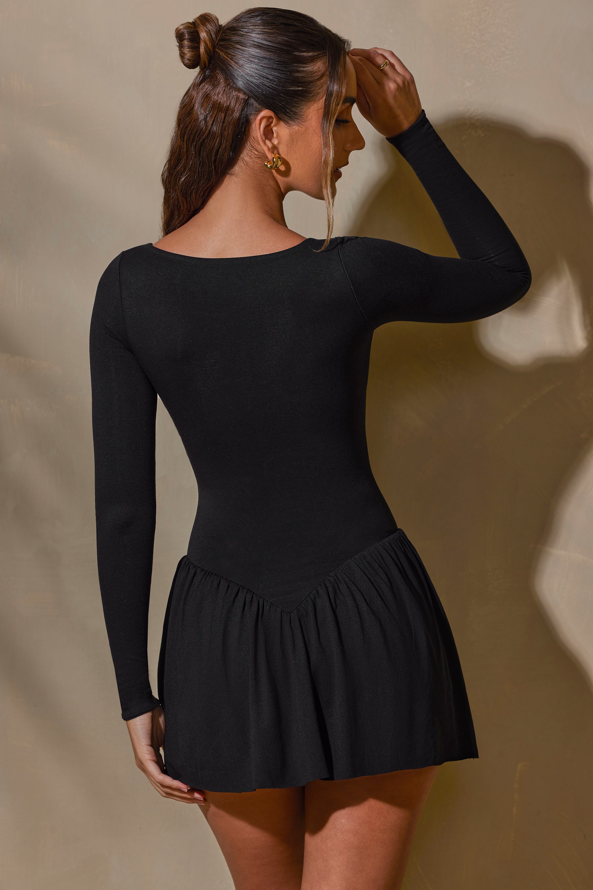 Long Sleeve Layered A-Line Mini Dress in Black、mySite、solidvoid