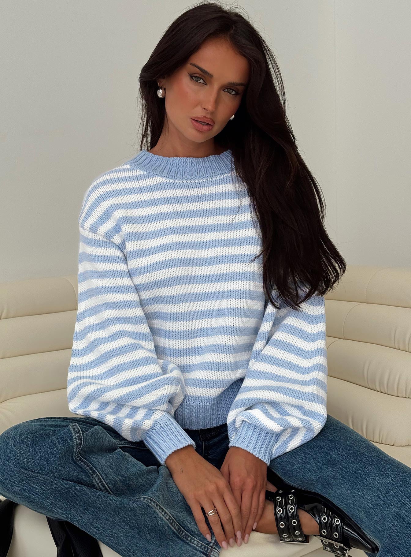 Harmony Balloon Sleeve Knit Sweater Blue / White Stripe、mySite、solidvoid