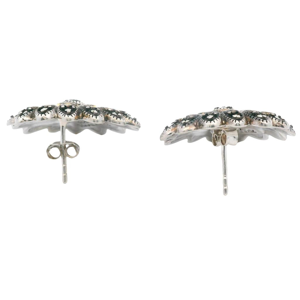 Estate Sterling Silver Marcasite & Yellow Enamel Flower Stud Earrings、mySite、botmansion