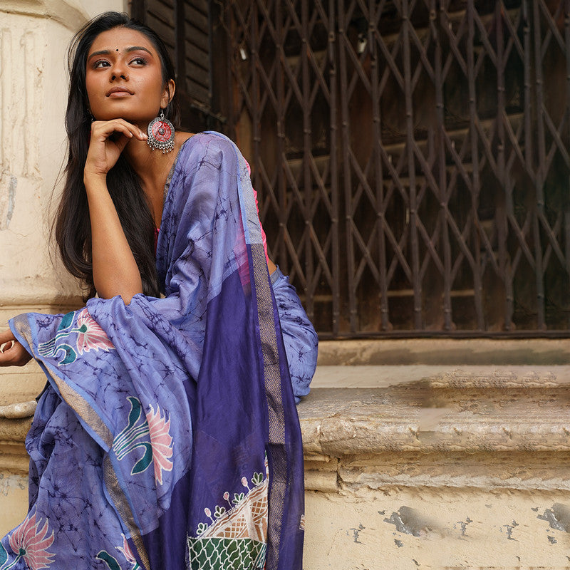 Maheshwari Cotton Silk Saree | Batik Print | Blue、mySite、camillekostekn