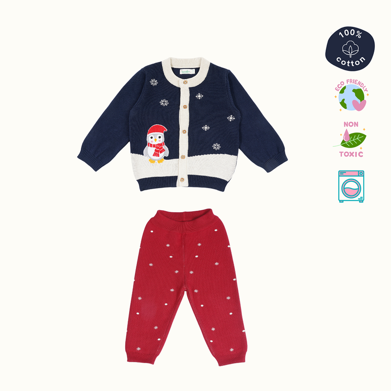 Cotton Jacquard Sweater & Lower Set | Penguine Printed | Navy Blue & Red |Set of 2、mySite、camillekostekn