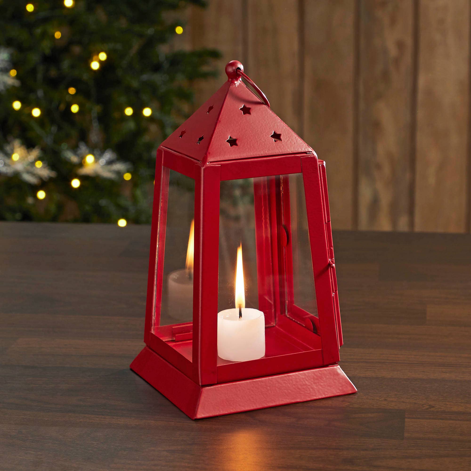 Metal & Glass Farmhouse Lantern Barn Red Tealight Holder 9x5x5、mySite、g9winljtr