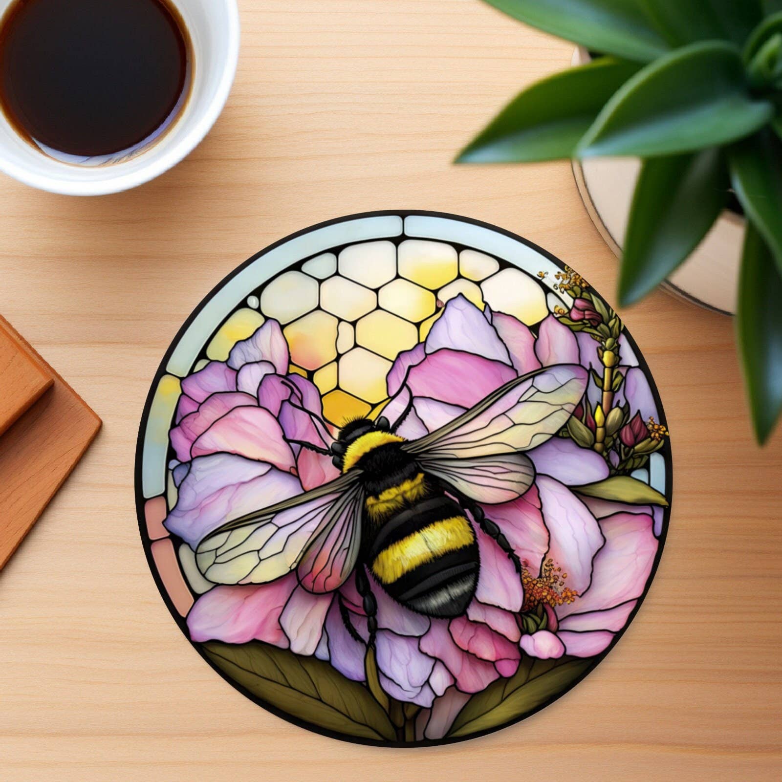 Bumble Bee Flower Stained Glass Ceramic Coasters、mySite、g9winljtr