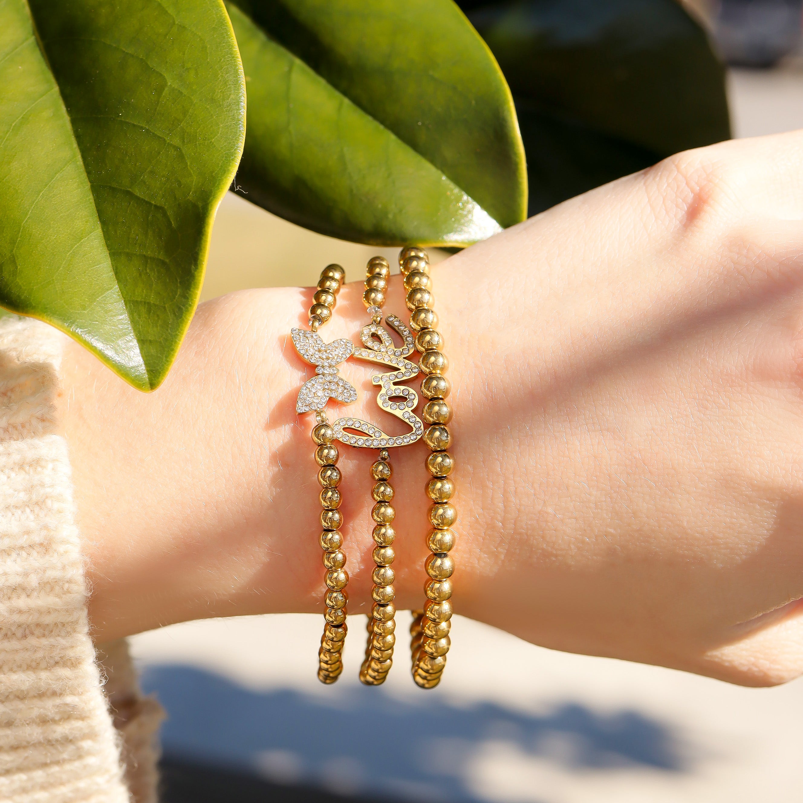 18K Gold PVD Coated Stainless Steel Metal Beaded Stretch Bracelet / SBB0342、mySite、dreamappss