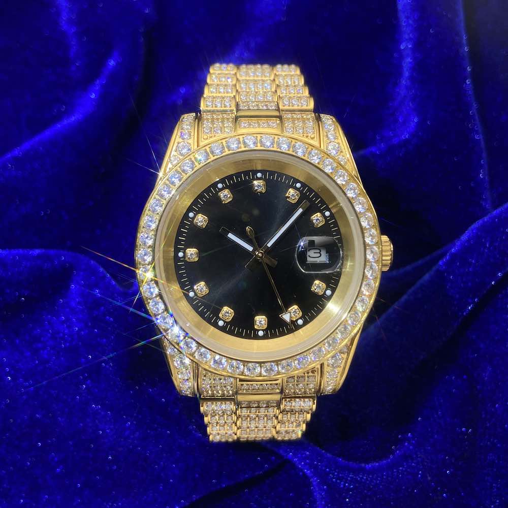 Moissanite Presidential Watch | Black Face | 41MM | 13.3CT Iced Out | 14K Yellow Gold、mySite、hinf8tx79