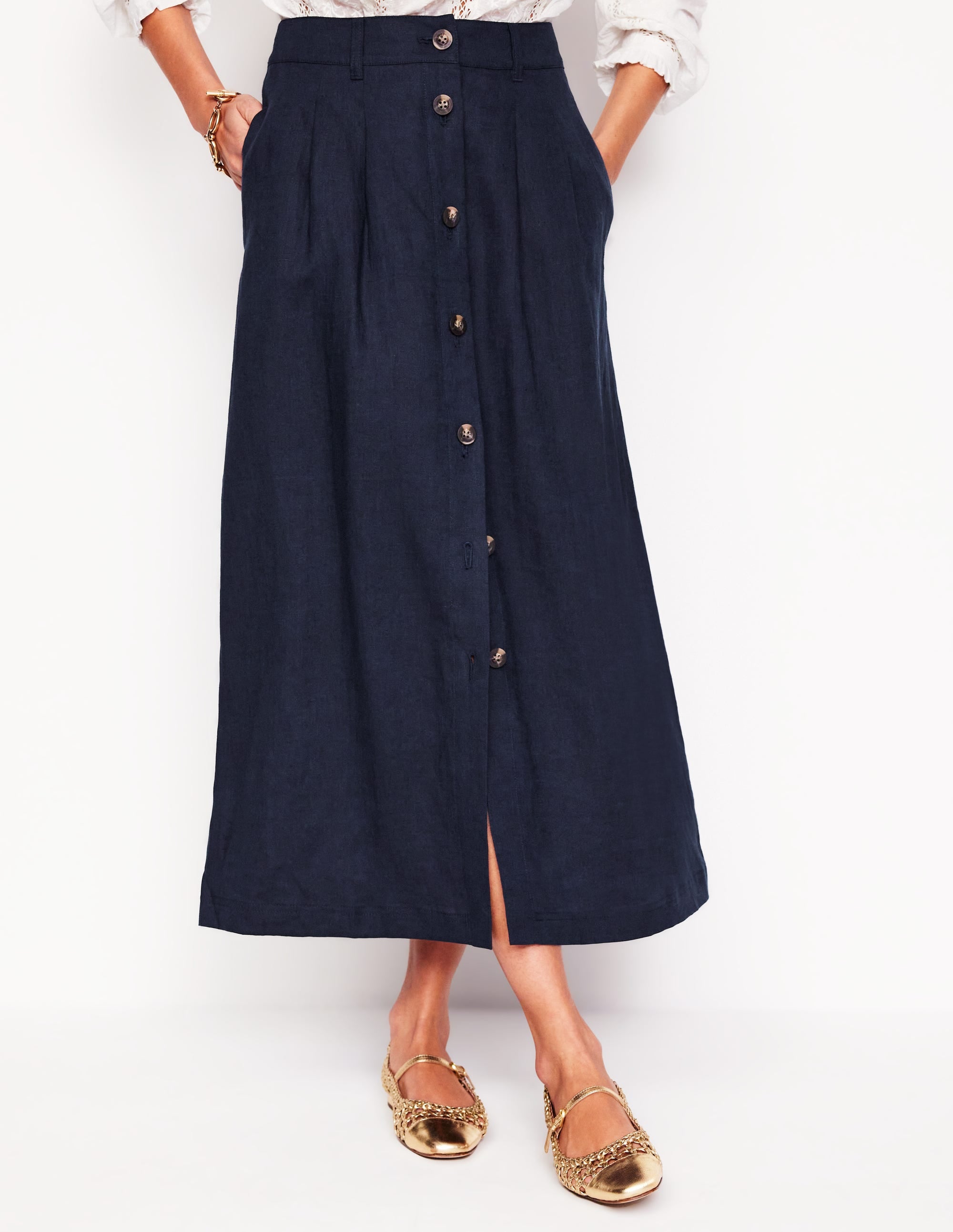  Thomasina Linen Midi Skirt-Navy、mySite、ashleygrahame
