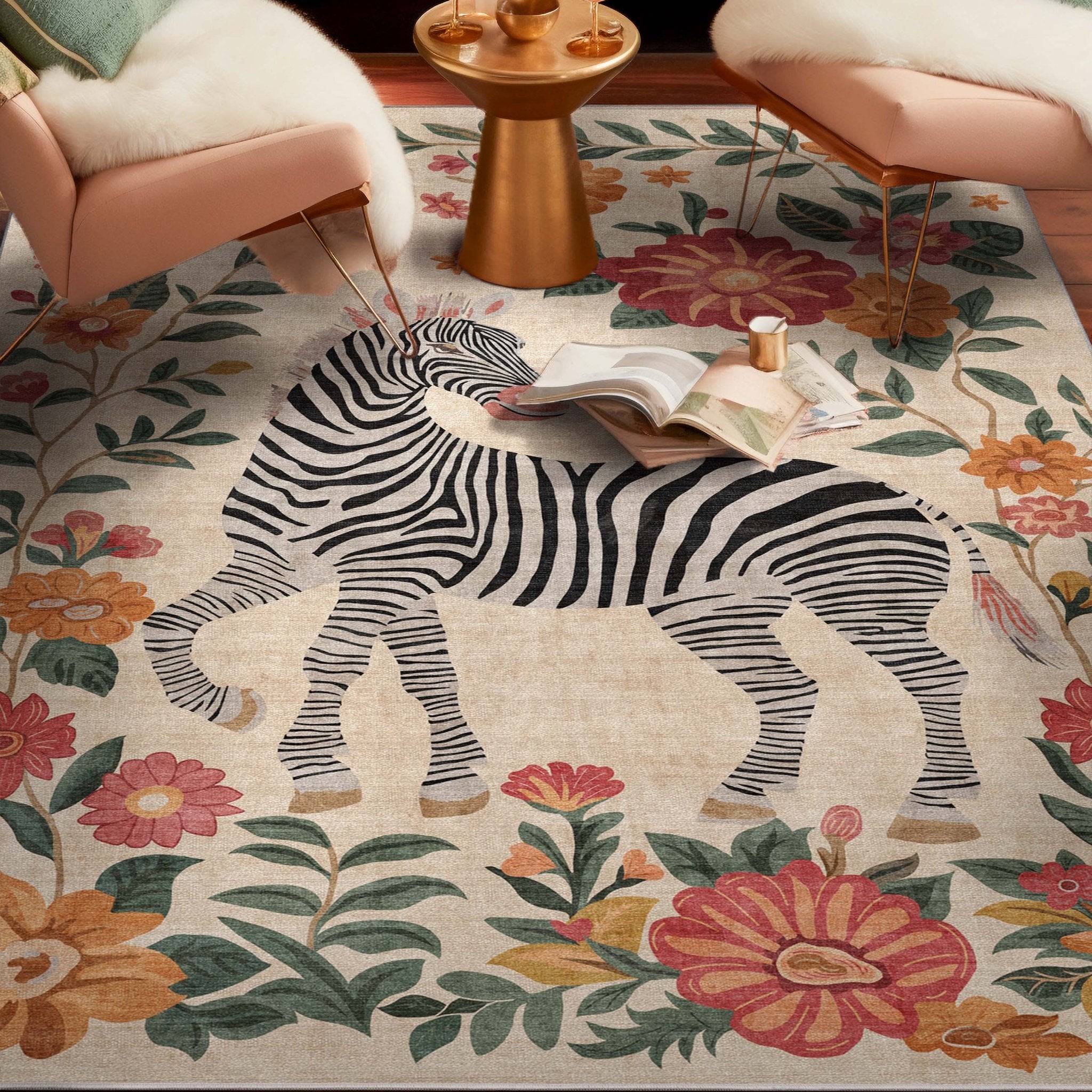 Zebra Floral Rug for Living Room, Dining Room, Bedroom and Kitchen、mySite、gigharbornorthrealestate