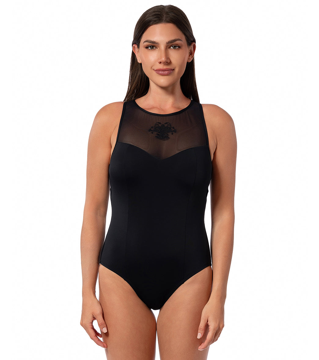 Jantzen Women's Royal Black Diana High Neck One Piece Swimsuit、mySite、noshort