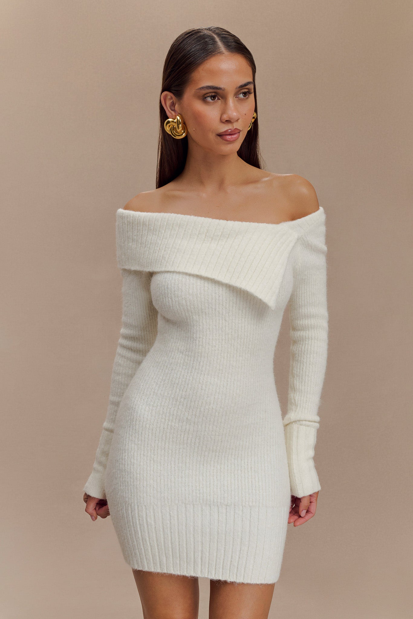 Stephanie Asymmetric Knit Mini Dress - Ivory、mySite、solidvoid