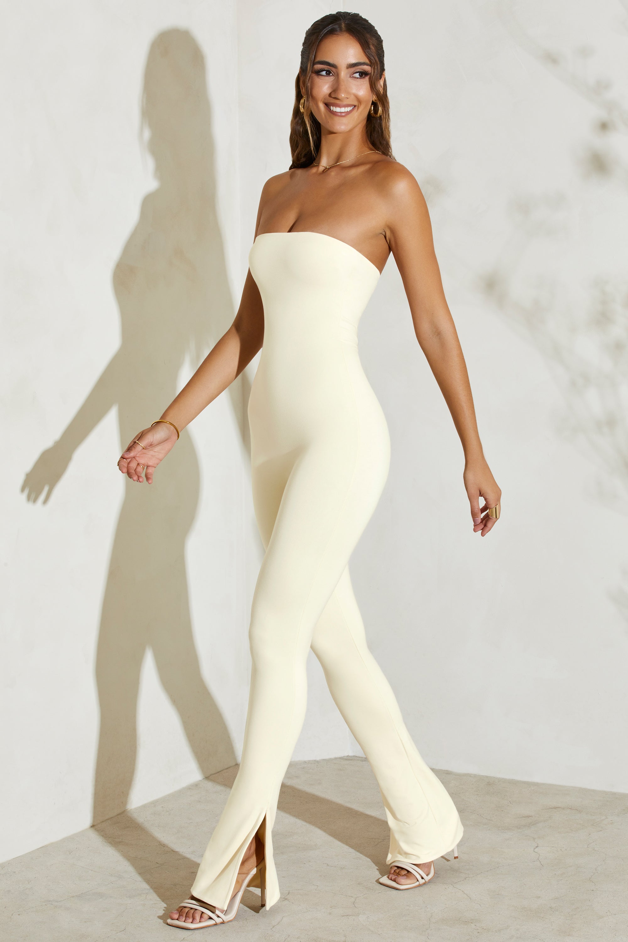 Strapless Flared Hem Jumpsuit in Ivory、mySite、solidvoid