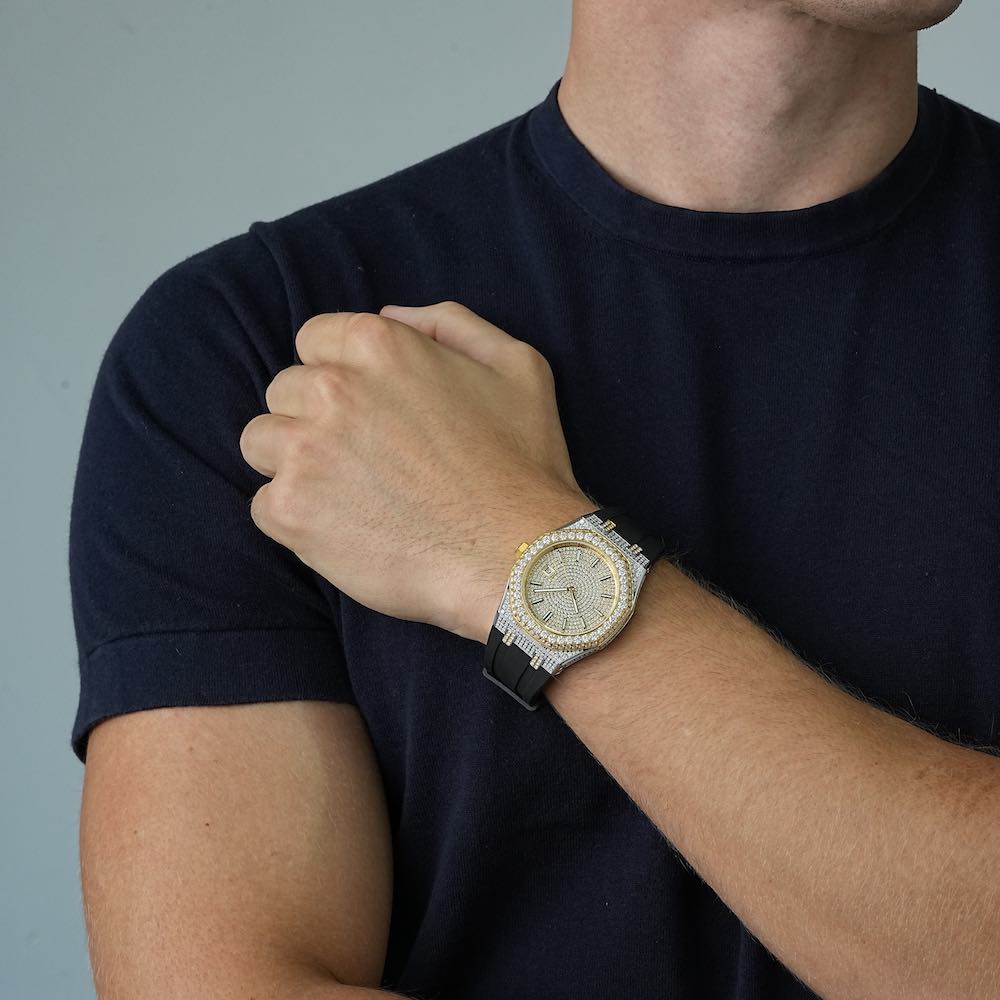 Moissanite Iced Out Silicone Band Watch | 13.5CT | 14K Yellow Gold、mySite、hinf8tx79