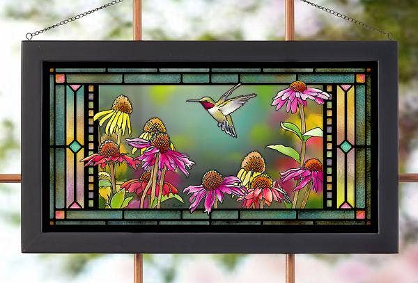 RUBY HUMMINGBIRD FRAMED 13X23 STAINED COLORED GLASS -Artist: BOURDET、mySite、g9winljtr