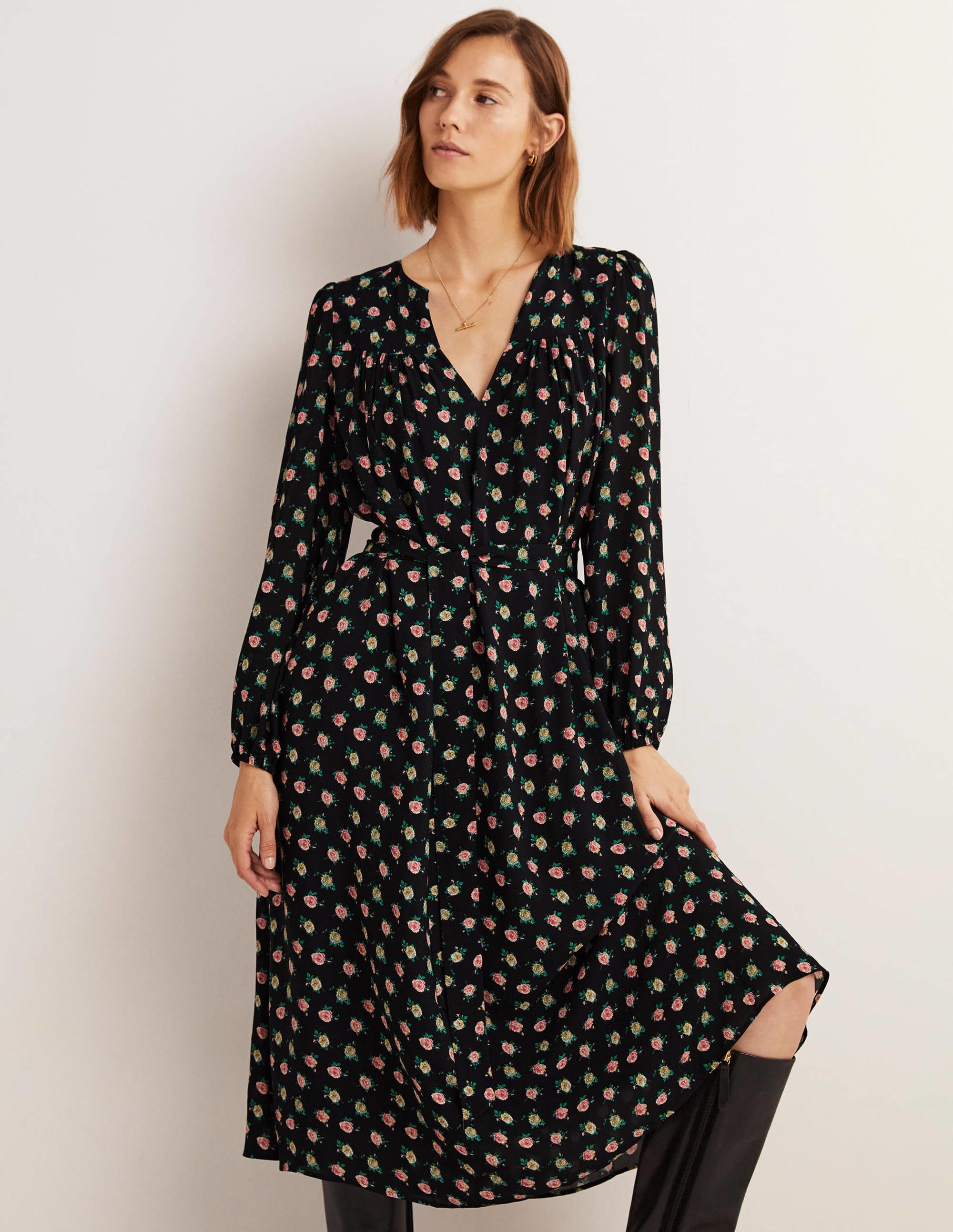  Gathered Yoke Midi Dress-Black, Painterly Rose、mySite、ashleygrahame