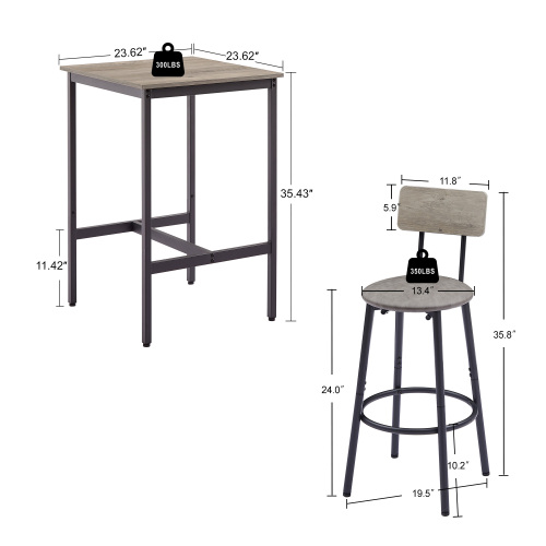 Bar Table Set with 2 Bar stools PU Soft seat with backrest, Grey, 23.62'' W x 23.62'' D x 35.43'' H、、casual