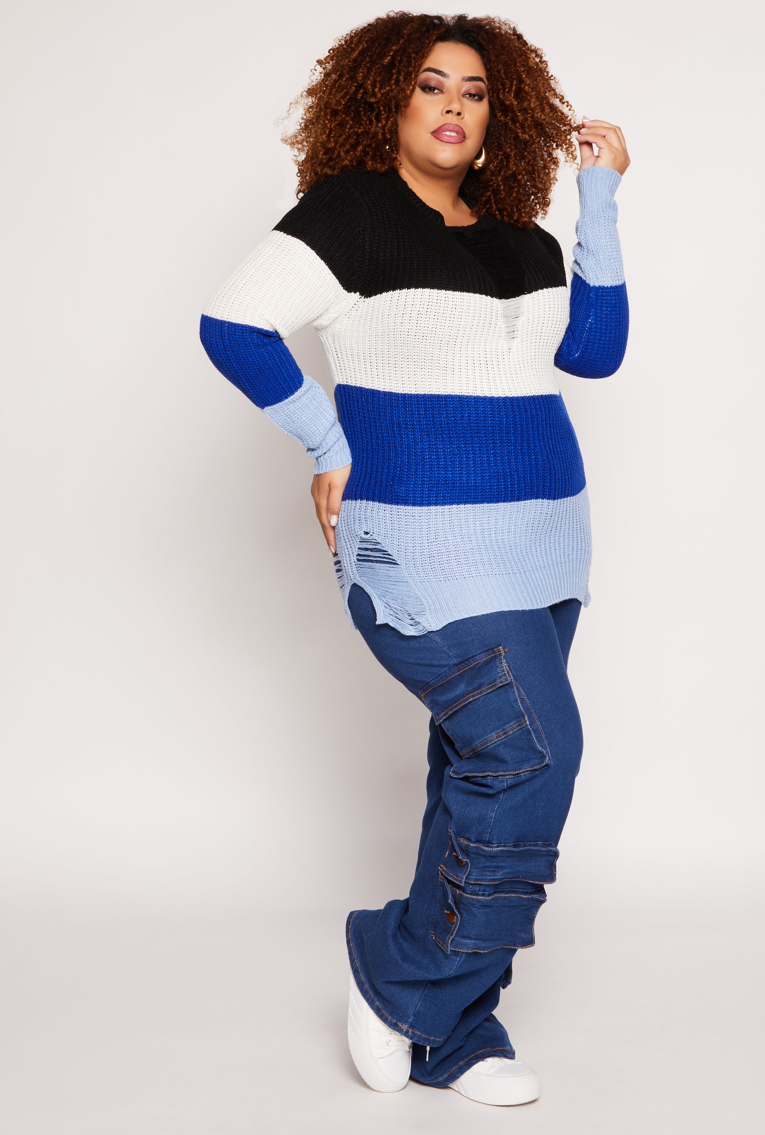 Plus Size Striped Distressed Sweater、mySite、camillekostekn