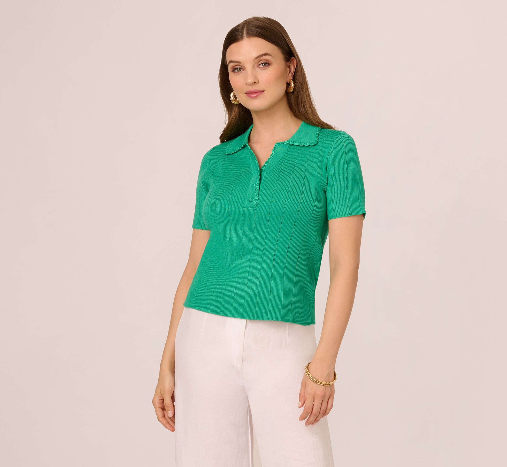 Short Sleeve Ribbed Pointelle Polo Top In Simply Green、mySite、solidvoid