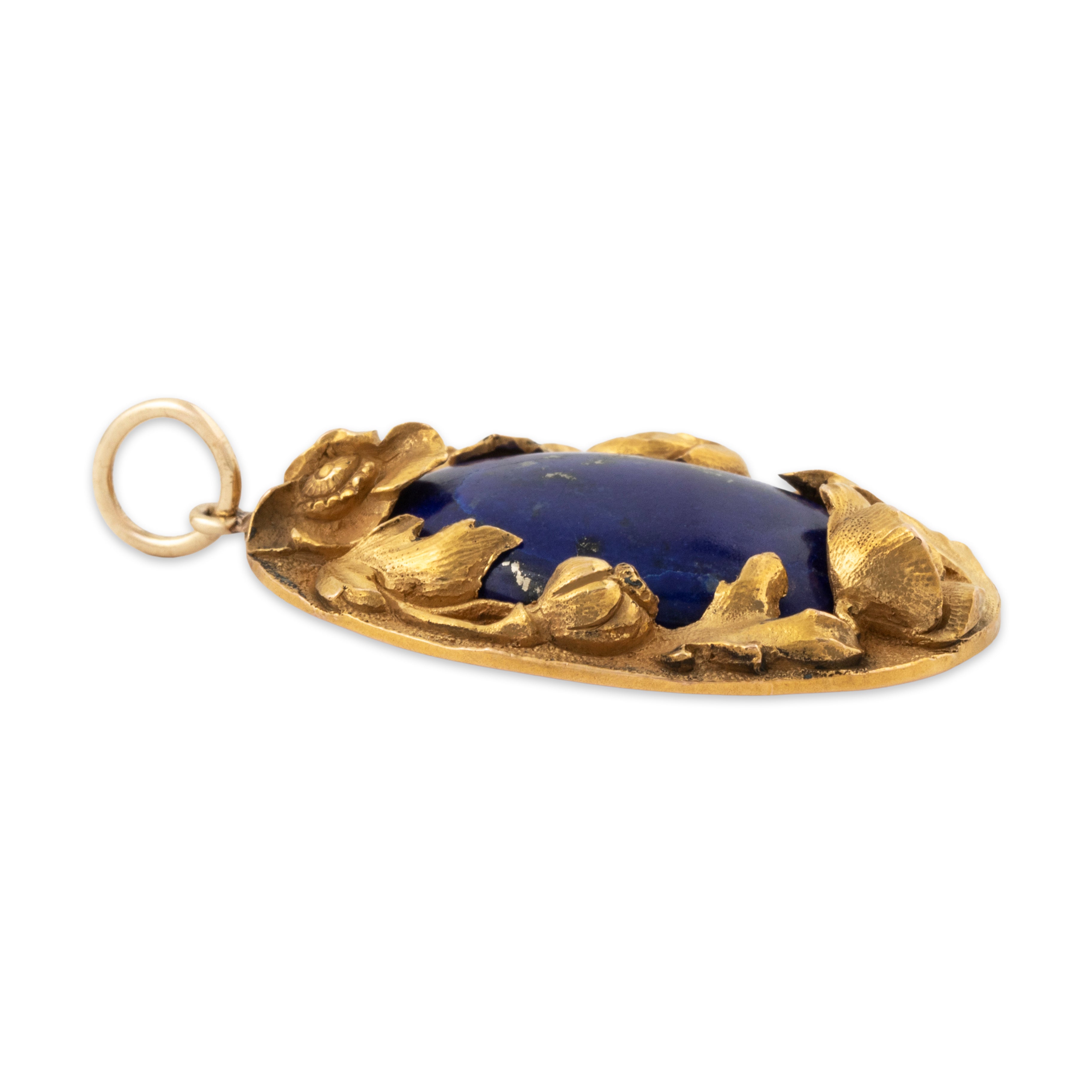 Antique Large 14k Yellow Gold 8.67ct Lapis Lazuli Hand Decorated Floral Pendant、mySite、hinf8tx79