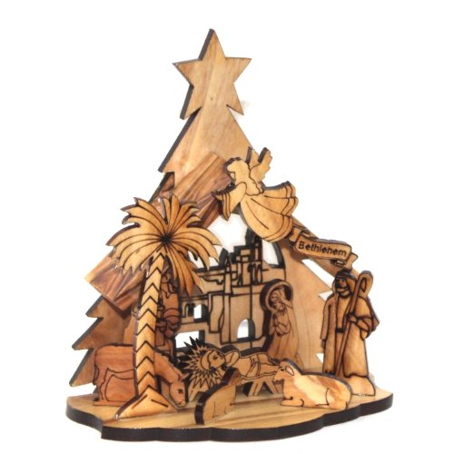  Holy Land Market One Piece Olive Wood Nativity Carved by Laser (13.5 cm or 5.25 inches)、mySite、elrpsem3k