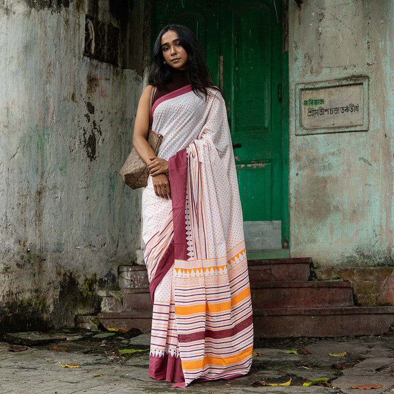 Cotton Saree | Hand Block Print | White & Pink、mySite、camillekostekn