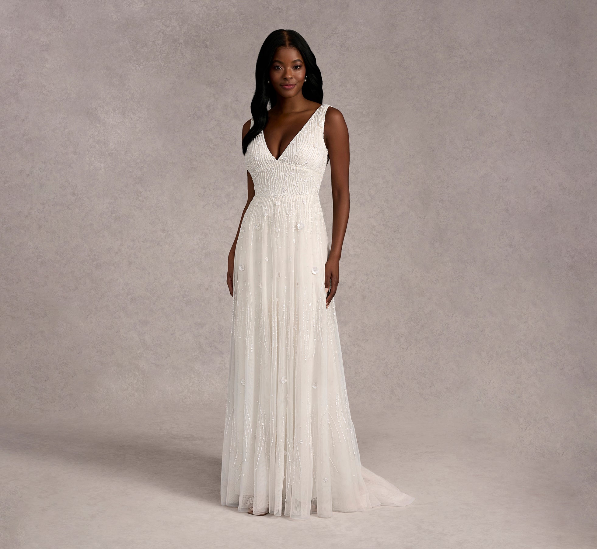 Handed Beaded Mesh Double Waist Soft A-Line Gown In Ivory Ivory、mySite、solidvoid