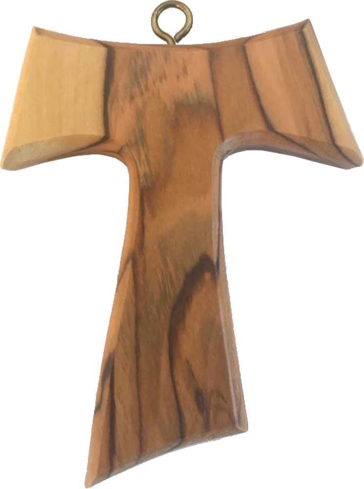  Holy Land Market Large and Thick Wall Tau Hand Carved Olive Wood Tau Cross with Hook - Hanging (10 cm or 4 inches) with Certificate、mySite、elrpsem3k