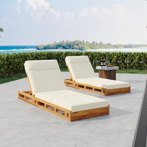LOUNGE CHAISE SET, ACACIA WOOD WITH WATER-RESISTANT LOUNGE CUSHIONS (CREAM & 4 INCH THICK) - MATCHING DARK GREY VERSION AVAILABLE、、eastwooduniform
