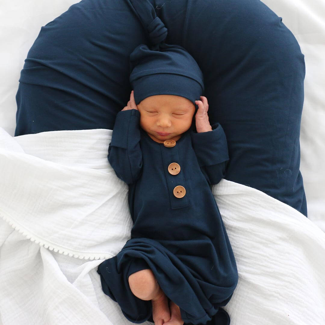  Solid Dark Navy Bamboo Baby Knot Gown & Hat、mySite、layawaytickets