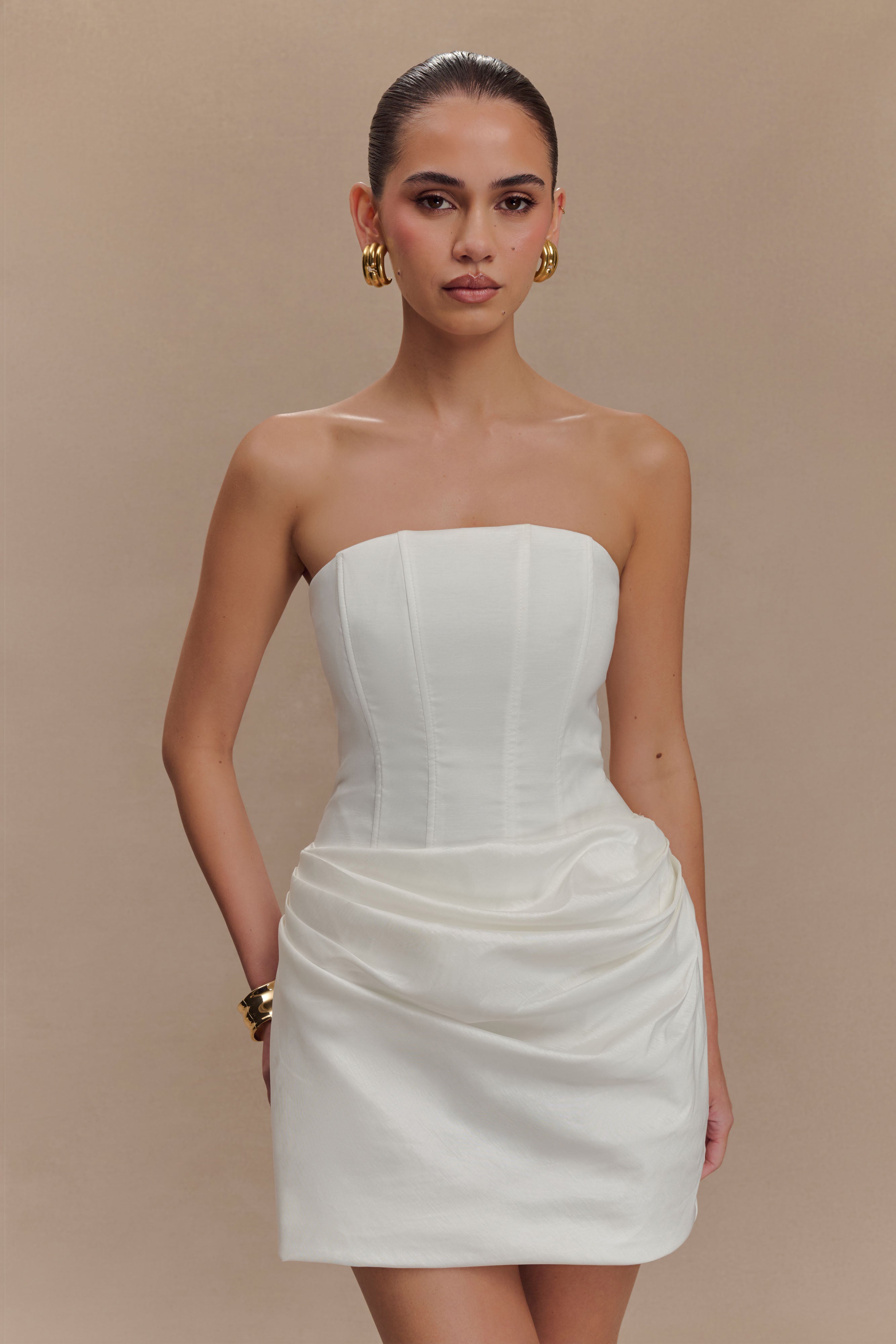 Sasha Taffeta Strapless Corset Mini Dress - White、mySite、solidvoid