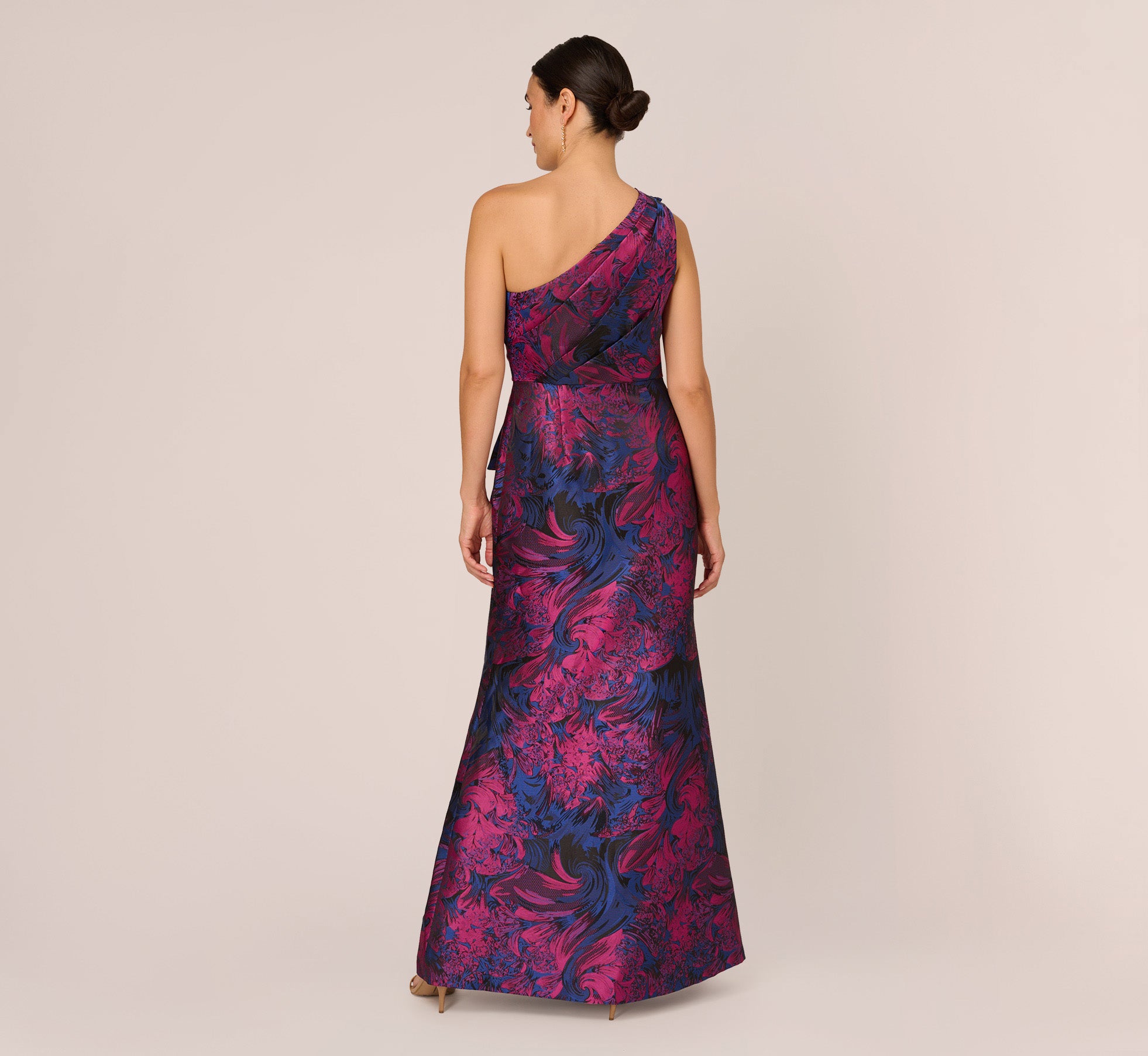 One Shoulder Jacquard Mermaid Gown With Drape Detail In Navy Orchid、mySite、solidvoid