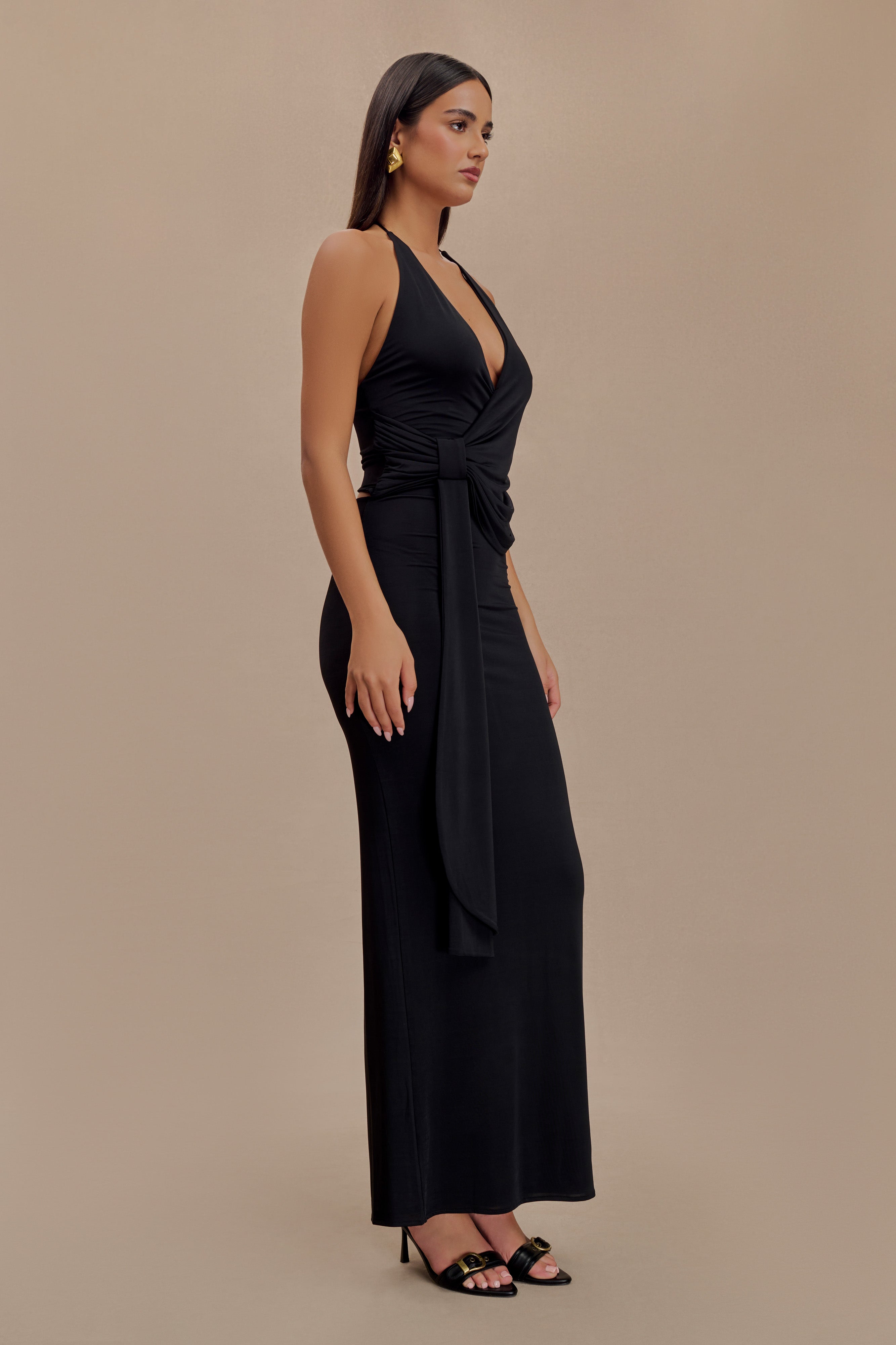 Tyla Draped Slinky Halter Maxi Dress - Black、mySite、solidvoid