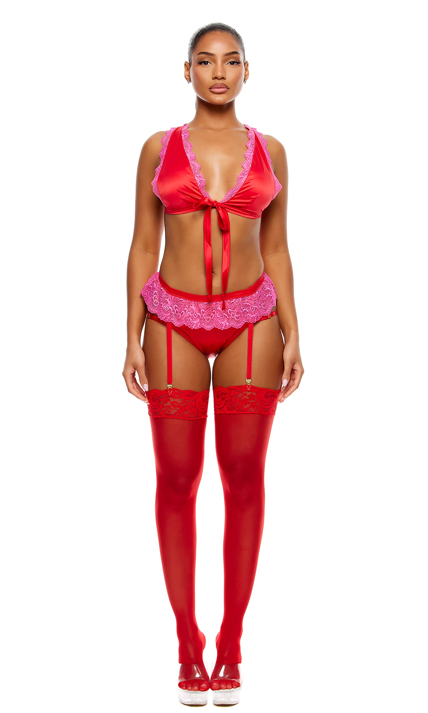 No Strings Attached Satin and Mesh Lace Trim Bra and Garter Belt Lingerie Set - Red Pink、mySite、bengalsvssteelers