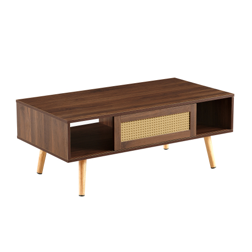 41.34" Rattan Coffee table, sliding door for storage, solid wood legs, Modern table for living room , natural、、casual