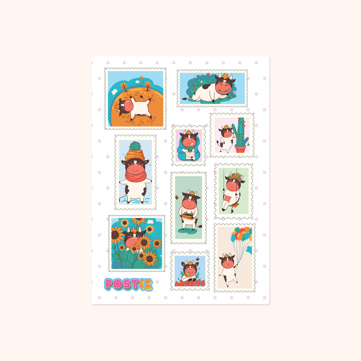  Cow Greeting Stamps Sticker Sheet、mySite、ghnorth