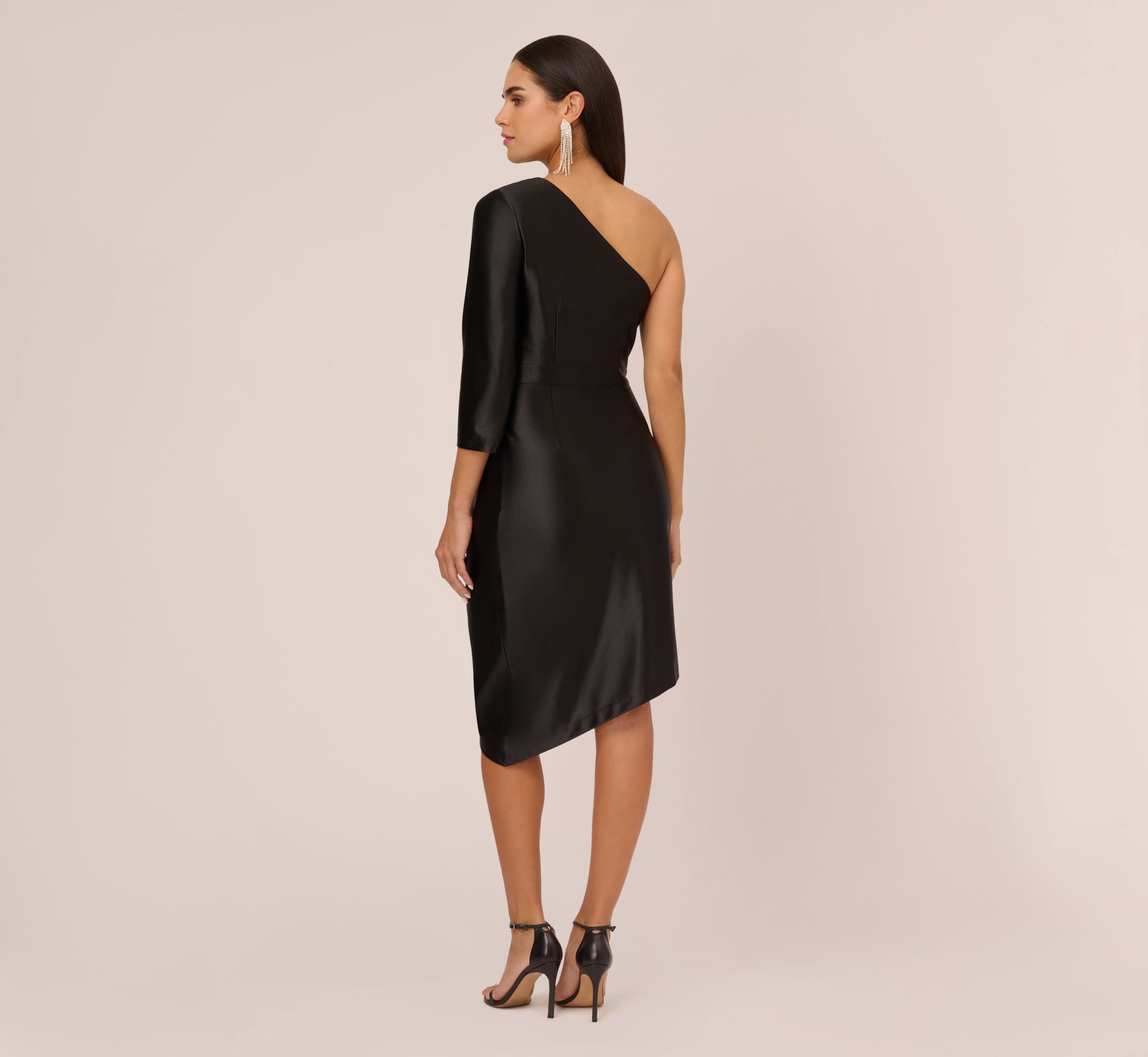 One Shoulder Satin Midi Dress With Three-Quarter Sleeve In Black、mySite、solidvoid