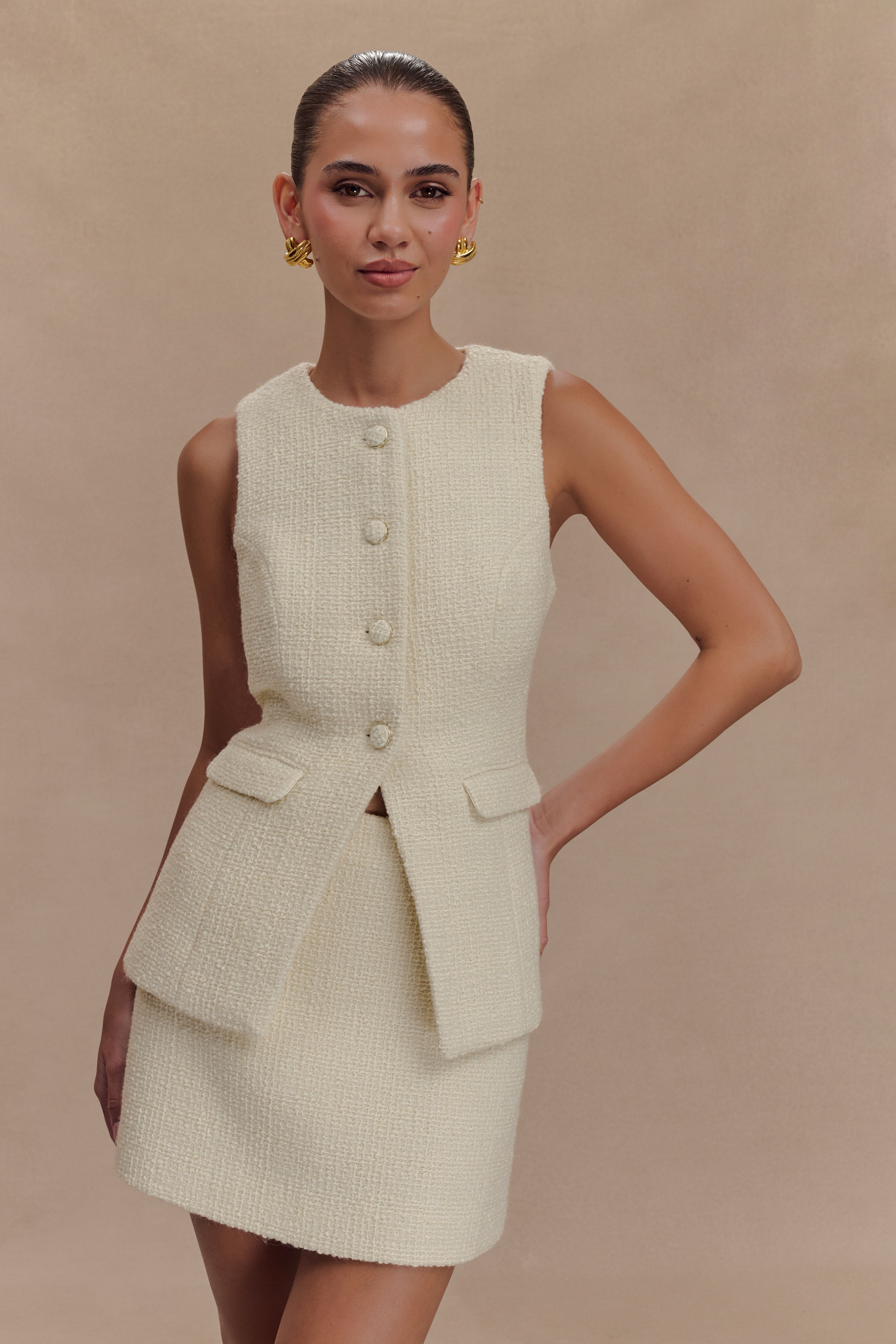 Camilla Boucle Sleeveless Vest - Ivory、mySite、solidvoid