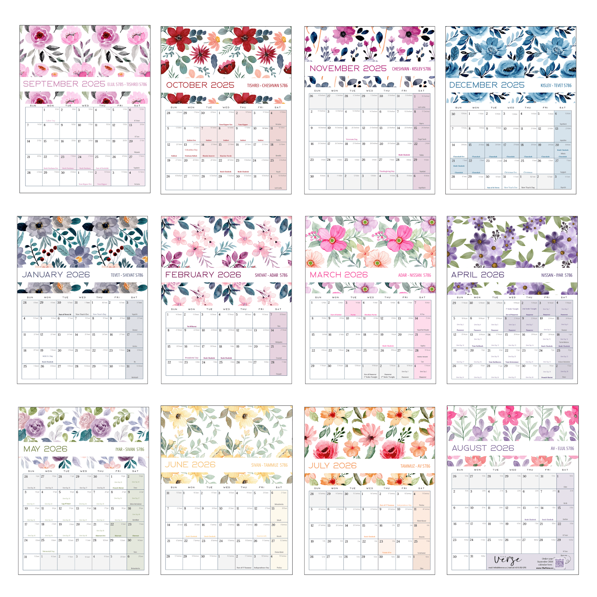 Floral Jewish Wall Calendar 2025-2026 (5786)、mySite、topwebapps