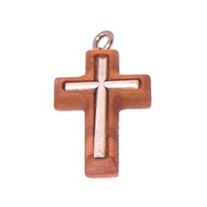  Olive wood Cross with Embedded pewter Cross - Latin (3cm - 1.2) - 5mm thick、mySite、elrpsem3k