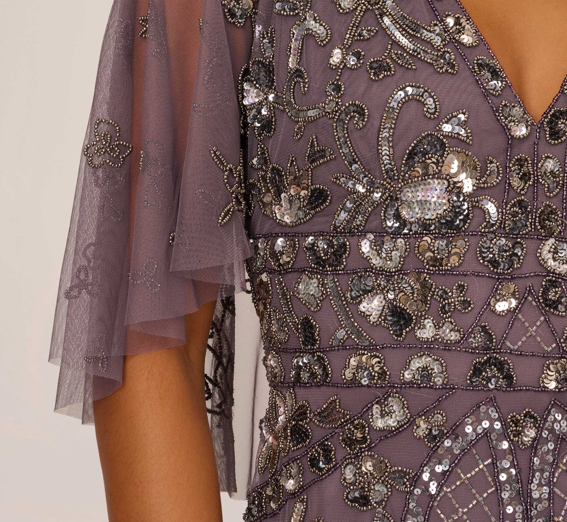 Sequin Beaded Gown With Sheer Cape Sleeves In Moonscape、mySite、solidvoid