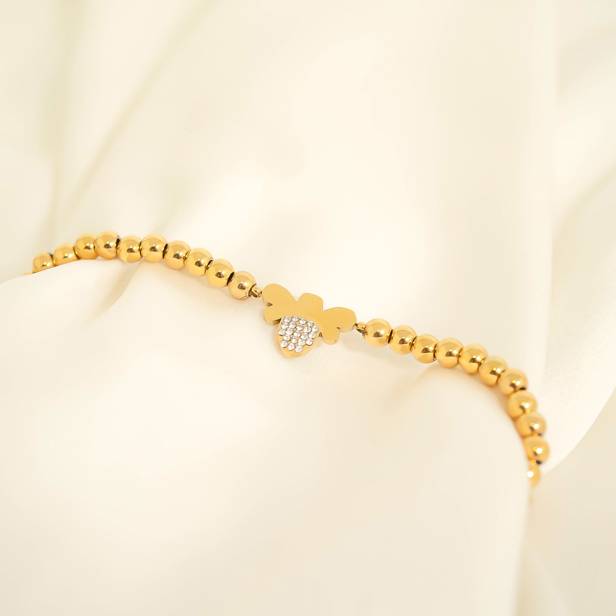 18K Gold PVD Stainless Steel Stone Bee Metal Beaded Stretch Bracelet / BRJ1022、mySite、dreamappss