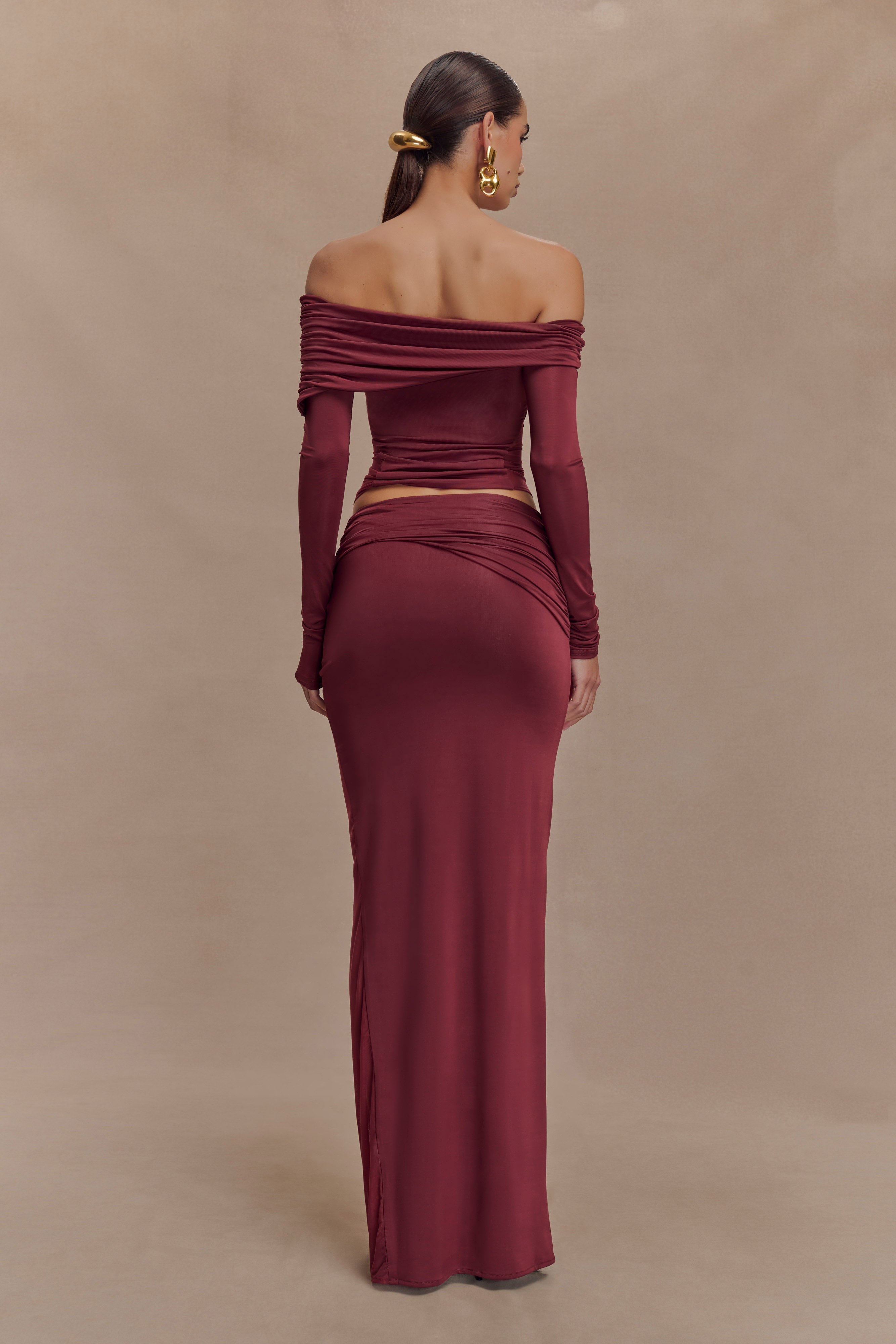 Judy Slinky And Mesh Off Shoulder Top - Wine、mySite、solidvoid