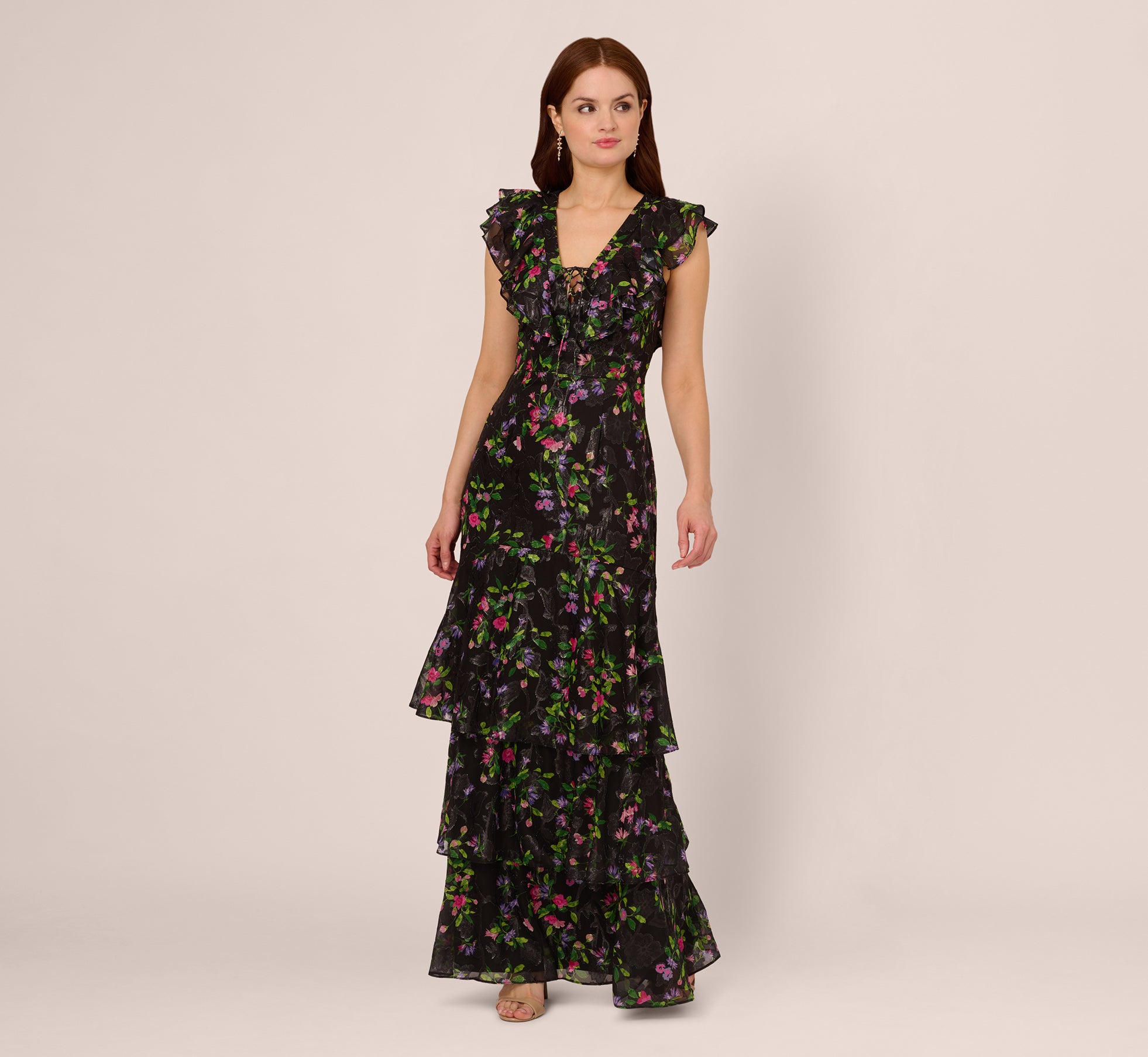 Floral Tiered Chiffon Gown With Flutter Sleeves In Black Multi、mySite、solidvoid