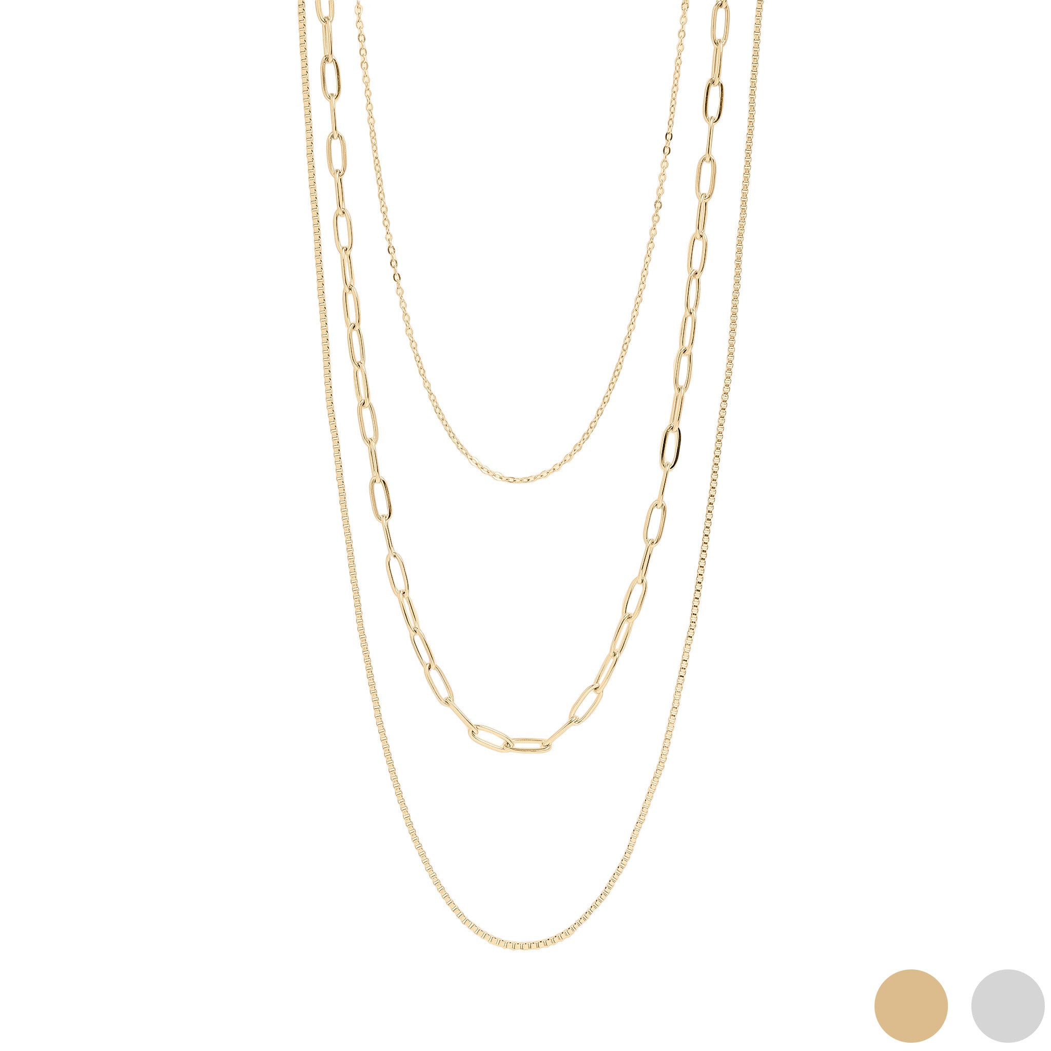18K Gold PVD Stainless Steel Loop, Box, and Paperclip Layered Chain Necklace / CHN0015、mySite、dreamappss