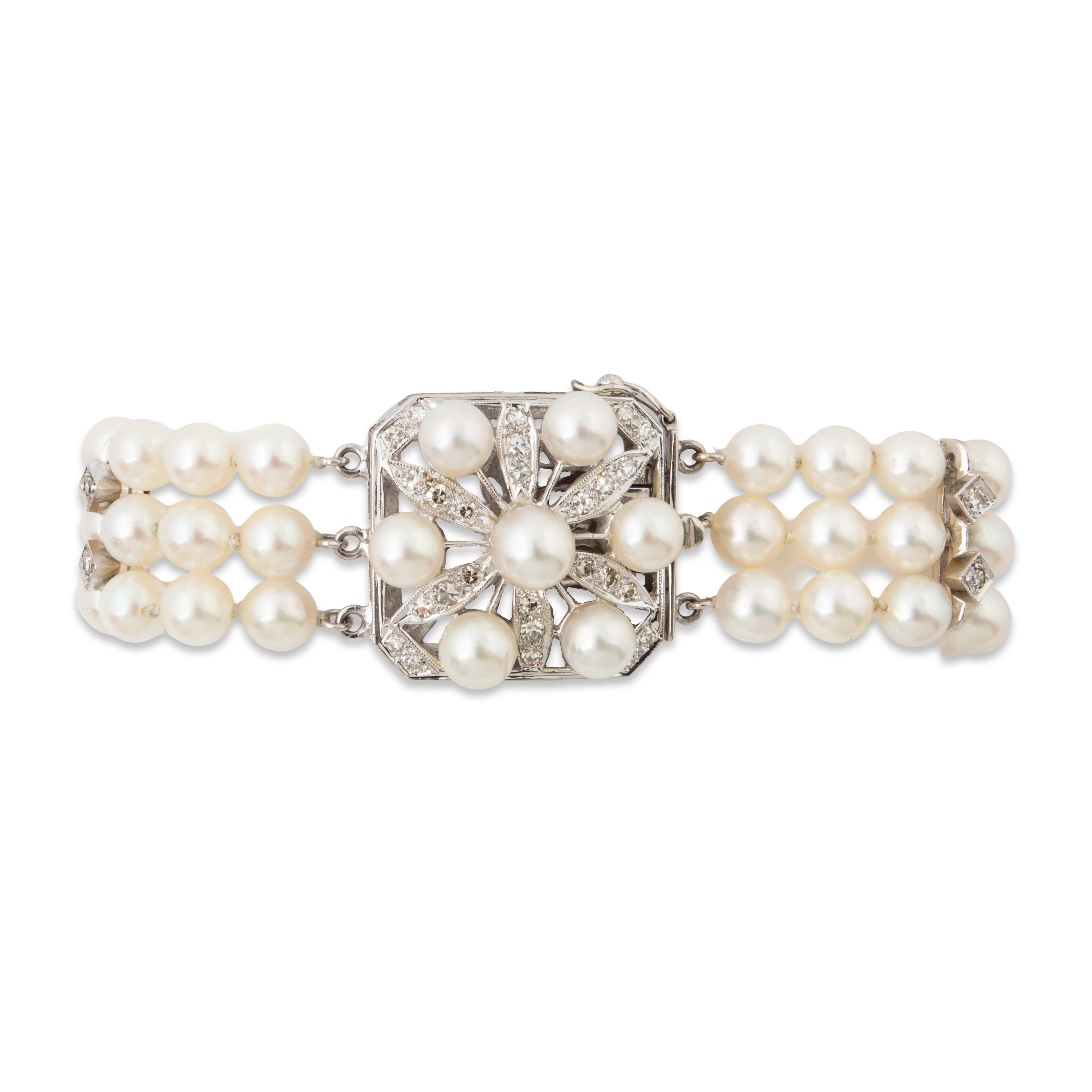 Vintage 14k White Gold Pearl .748cttw Diamond Triple Strand Bracelet 6.25、mySite、hinf8tx79