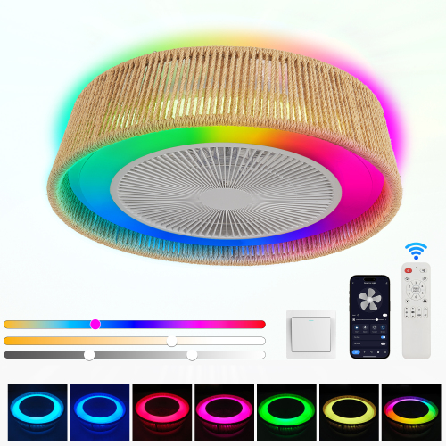 21" Modern Rustic Ceiling Fan Light with LED RGB Mood Lighting, Rope Woven Design, Quiet Fan, Semi Flush Mount for Bedroom, Living Room, or Dining Room ((Silent/6-Speed/Reversible/DC Motor))、、eastwooduniform
