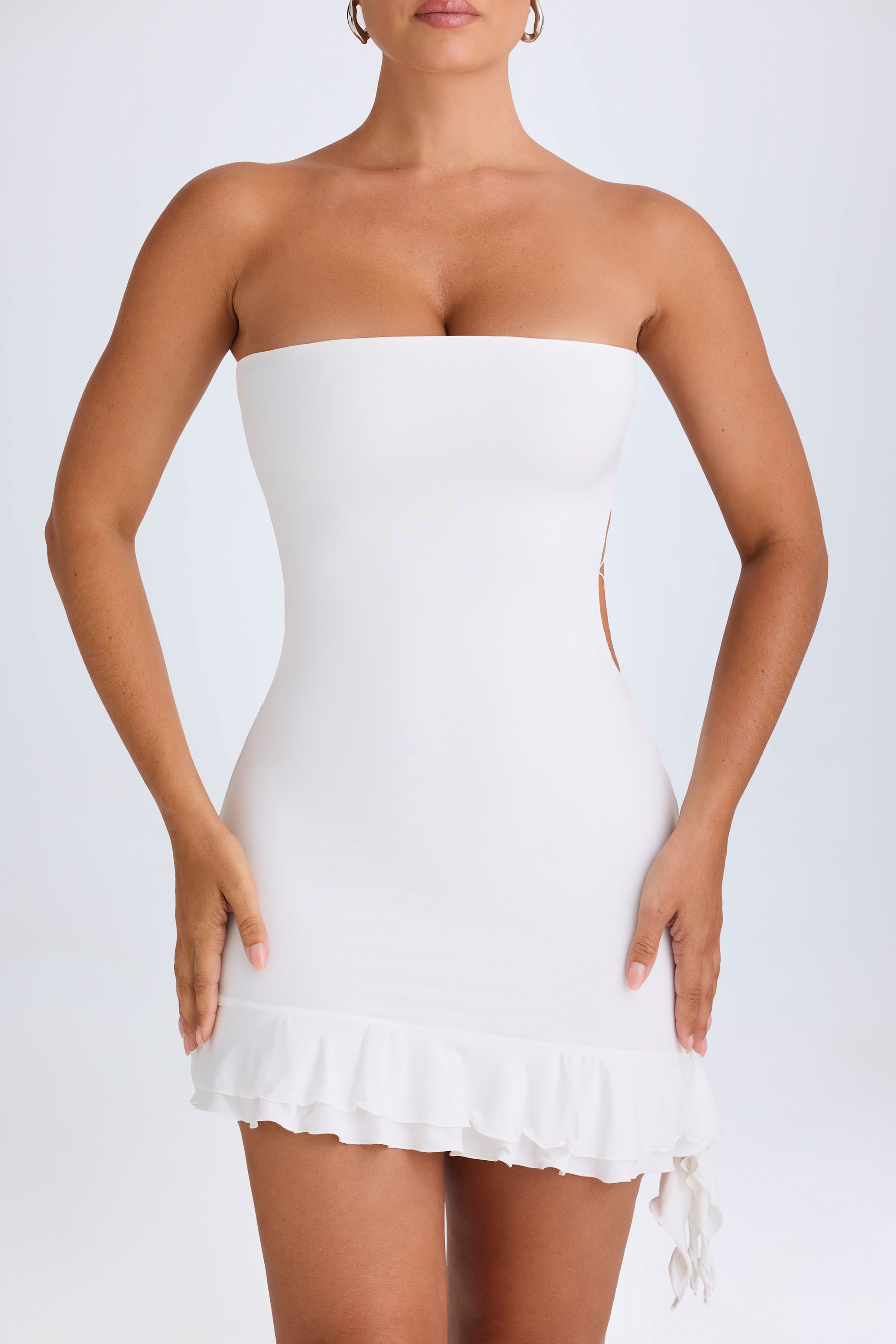 Ruffle-Trim Cut-Out Bandeau Mini Dress in White、mySite、solidvoid