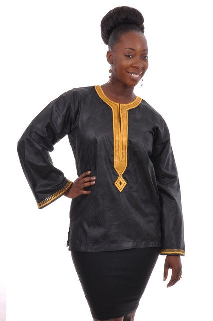 Black Brocade Dashiki Top with Gold Embroidery for Women-DP3460、mySite、solidvoid